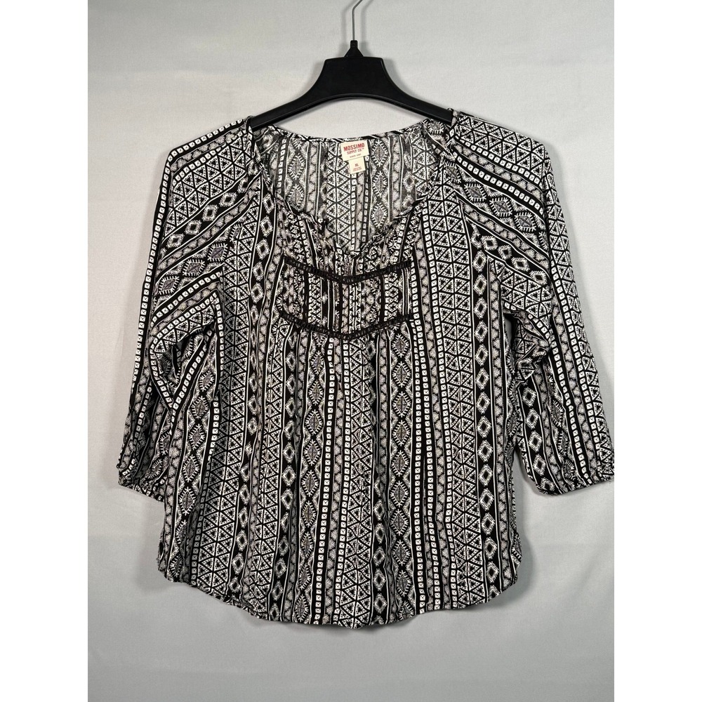 Mossimo Supply Co XL Black White Tribal Print Boho 3/4 Sleeve Blouse Shirt Top‎